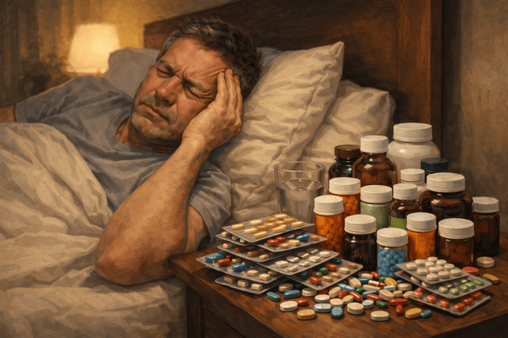 Mann mit vielen Tabletten