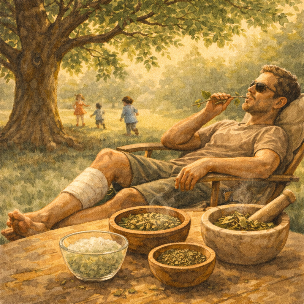 enspannter mann im Garten mit kinder