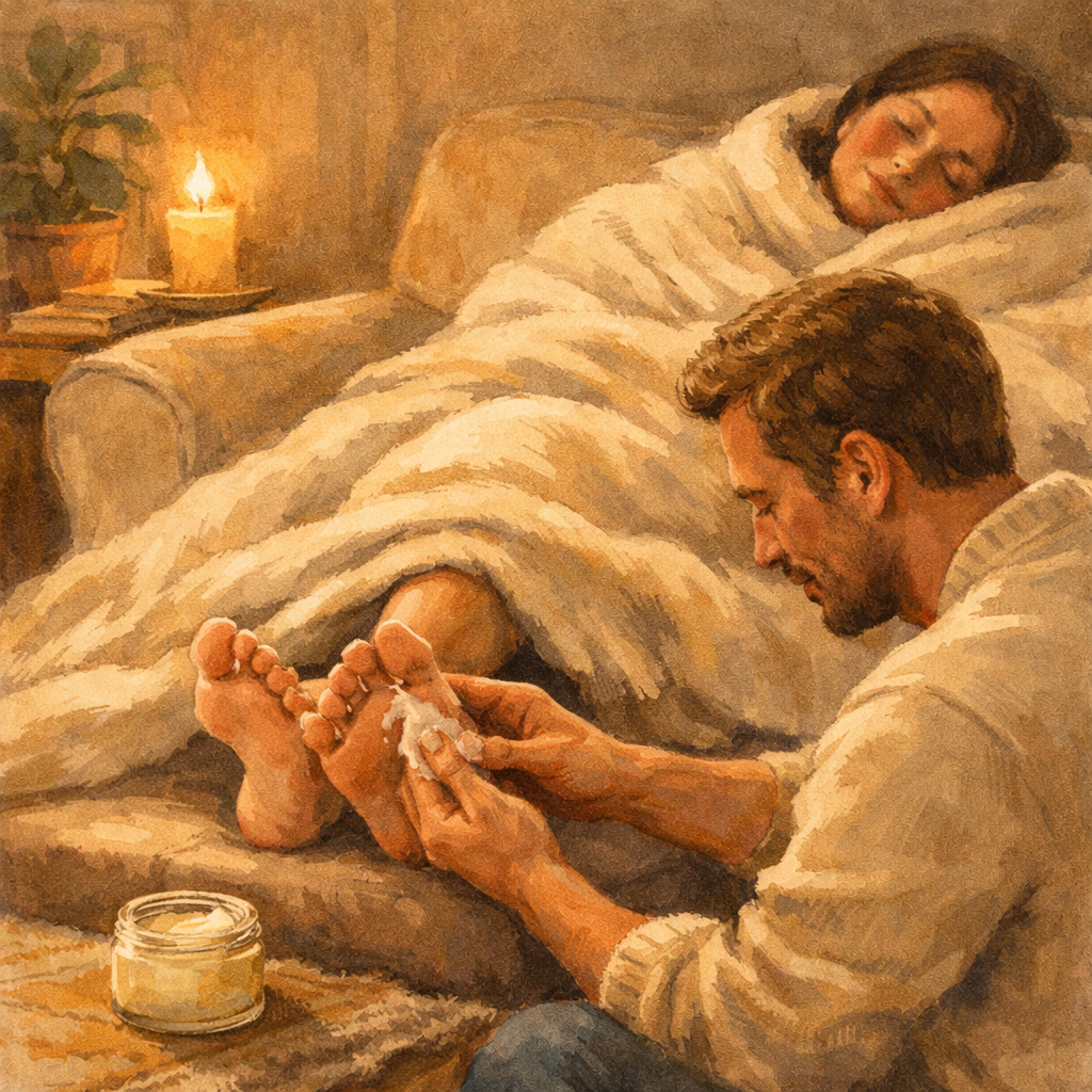 Mann cremt Weib füße ein