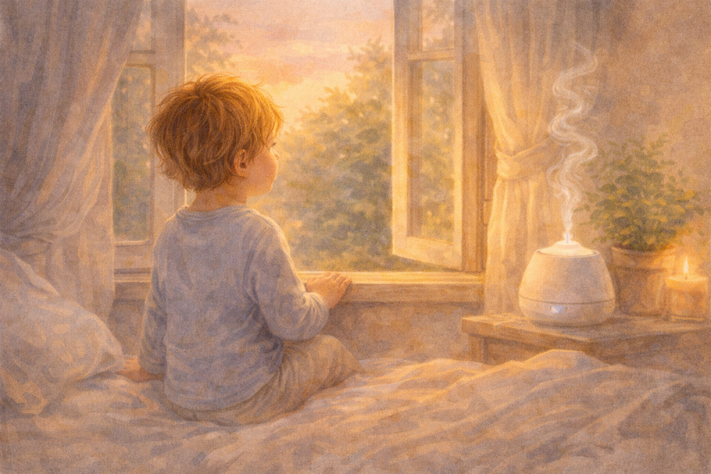 Kind mit Diffuser und ätherischen Ölen sparseiner umgang