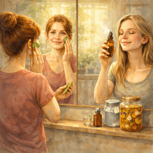 Frauen vor dem Spiegel bei der Pflege GEsicht