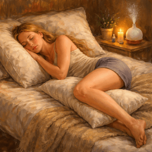 Frau im Bett mit kissen zwischen den beinen